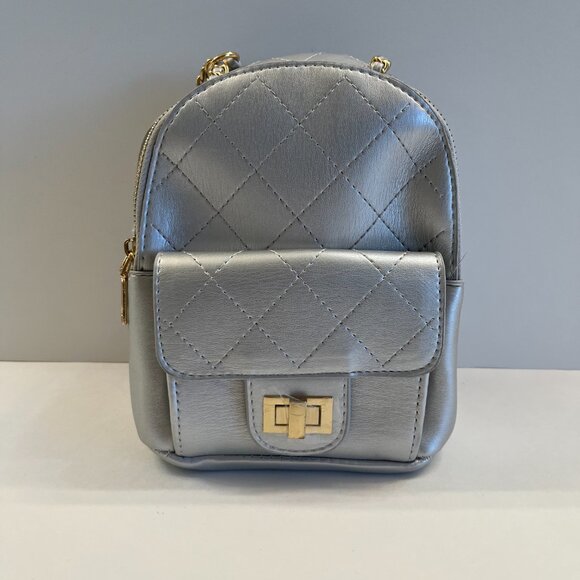 Quilted Puffer Backpack in Shiny Silver with Gold Rope Straps - NWT - Picture 2 of 9